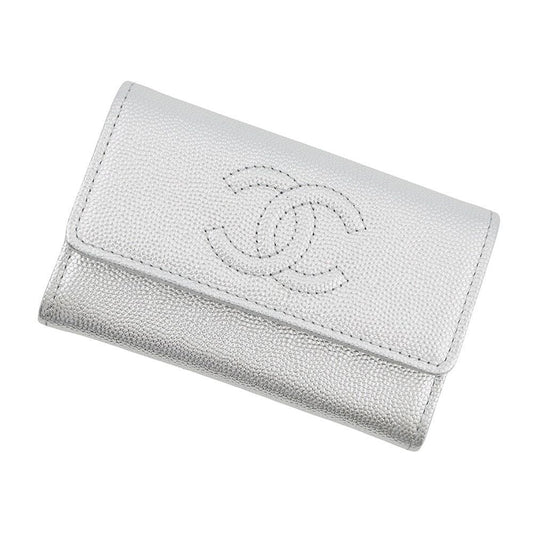 Chanel Card Case CC Logo Metallic Caviar Leather Business