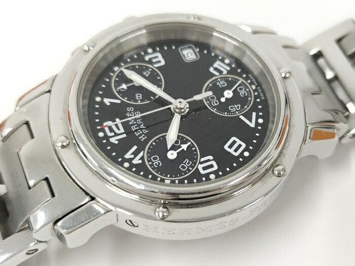 Hermes Clipper Ladies Watch Chronograph SS Quartz Black Dial Cl1310