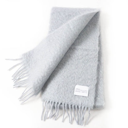 LOEWE Mohair Wool Anagram Leather Patch Fringed Scarf Gray Made In Spain