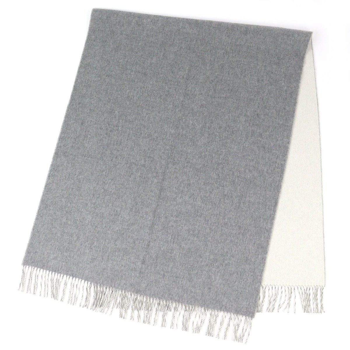 Hermes Cashmere Logo Embroidery Double Face Fringe Scarf Shawl Gray — view 2