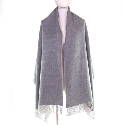 Hermes Cashmere Logo Embroidery Double Face Fringe Scarf Shawl Gray — view 3