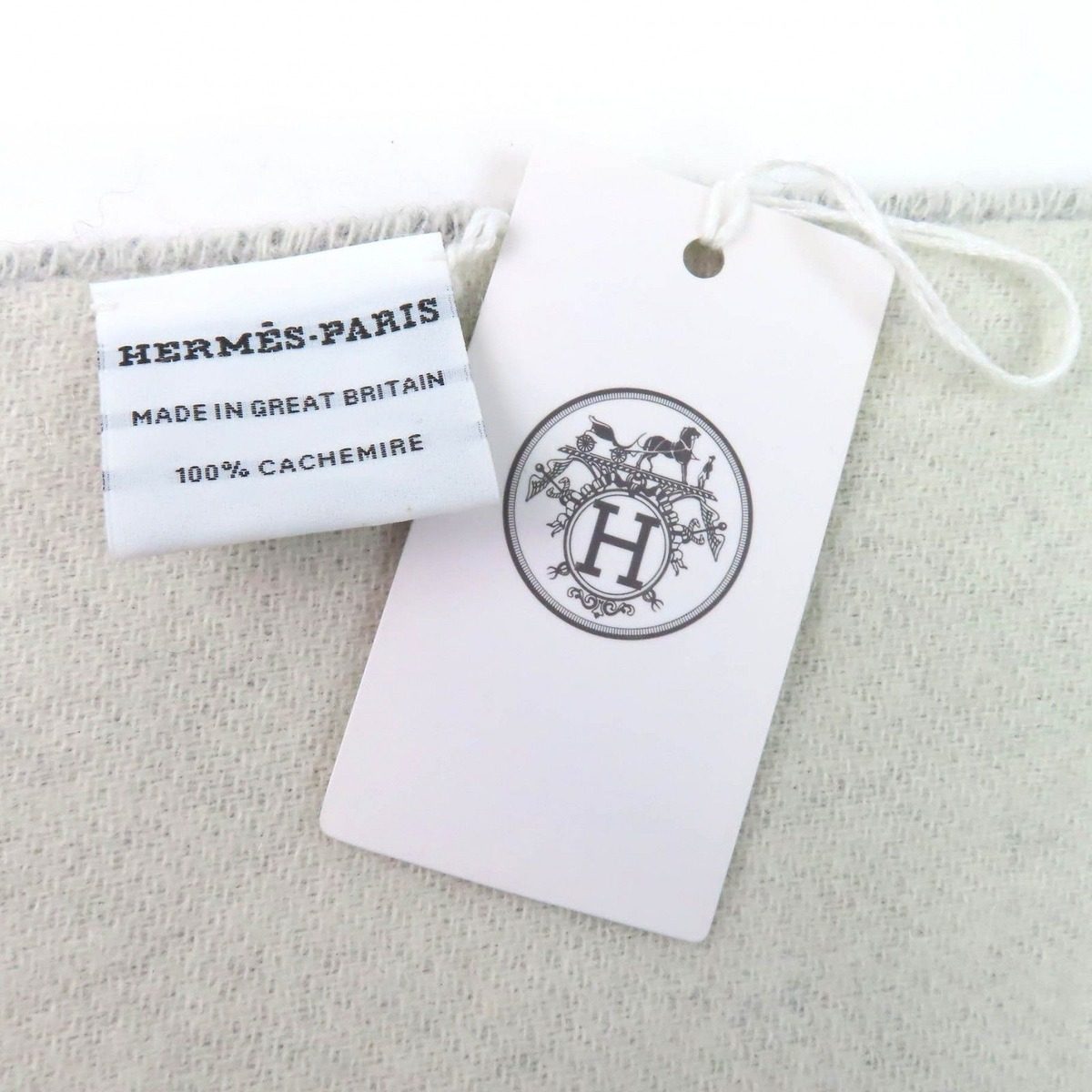 Hermes Cashmere Logo Embroidery Double Face Fringe Scarf Shawl Gray — view 7