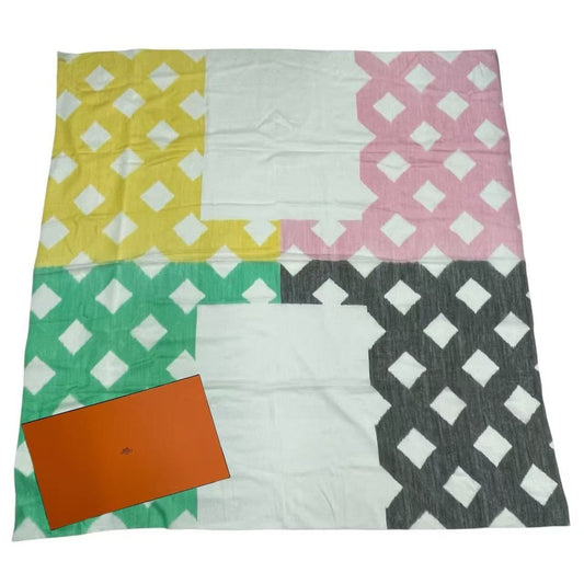 Hermes Carre 140 Juan Scarf Cashmere Silk Logo Shawl Multicolor