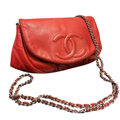 CHANEL Vintage Lambskin Half Moon Wallet On Chain WOC Red Purse