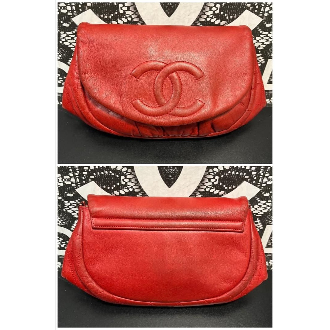 CHANEL Vintage Lambskin Half Moon Wallet On Chain WOC Red Purse