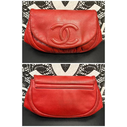 CHANEL Vintage Lambskin Half Moon Wallet On Chain WOC Red Purse