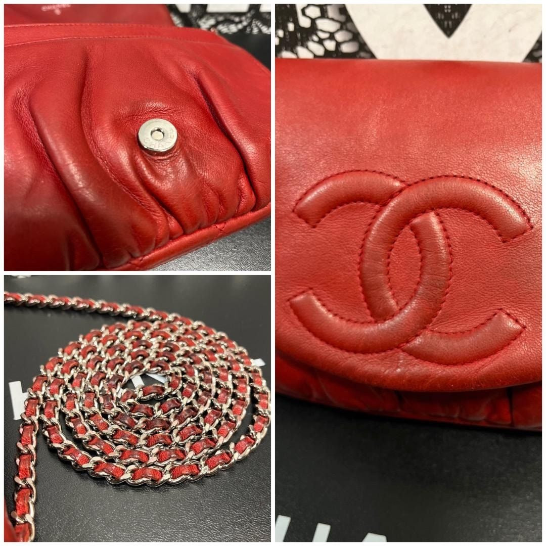 CHANEL Vintage Lambskin Half Moon Wallet On Chain WOC Red Purse