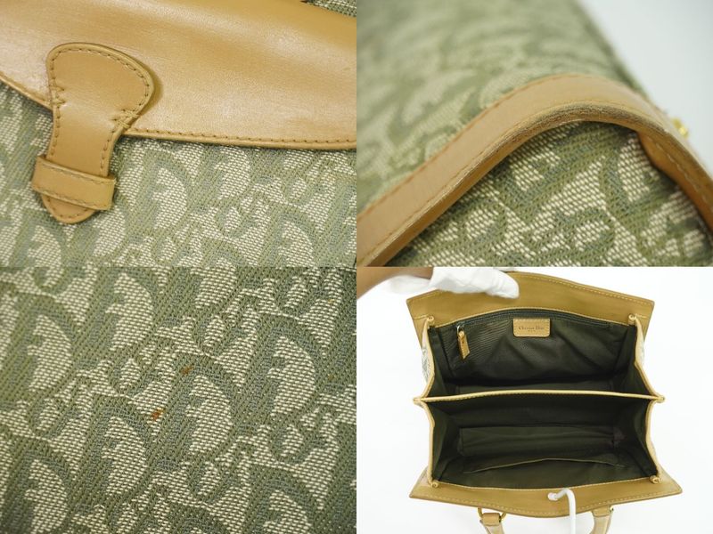 Authentic Christian DIOR Trotter Handbag Canvas Leather Khaki Beige Trotter Bag