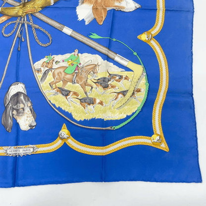 Hermes Carre 90 LE Laisser Courre Hound Blue 100% Silk Scarf