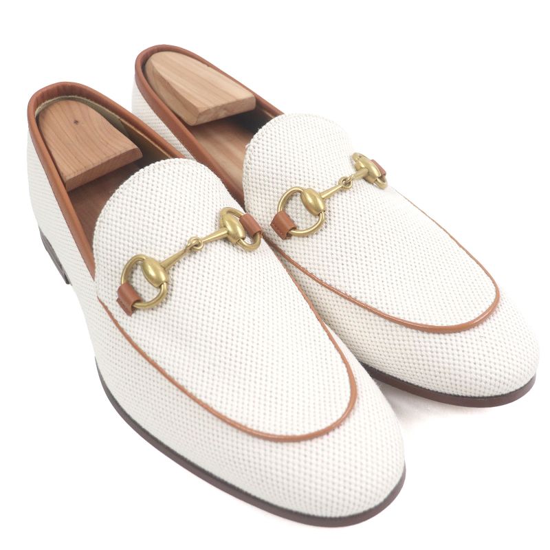 Gucci 430088 Canvas Leather Horsebit Gold Hardware Loafers Ivory Brown 6 With