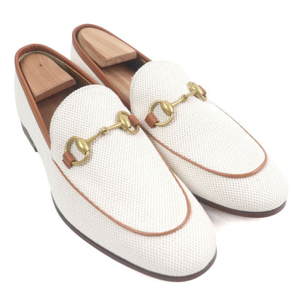 Gucci 430088 Canvas Leather Horsebit Gold Hardware Loafers Ivory Brown 6 With