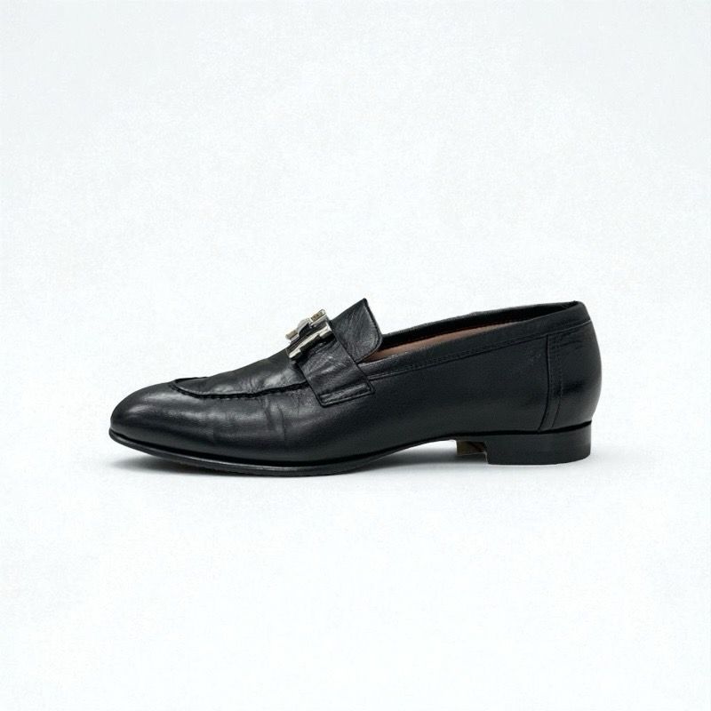 Hermes Paris Loafer Leather Shoes Leather Black Silver Hhardware Moccasin Flat