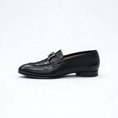 Hermes Paris Loafer Leather Shoes Leather Black Silver Hhardware Moccasin Flat