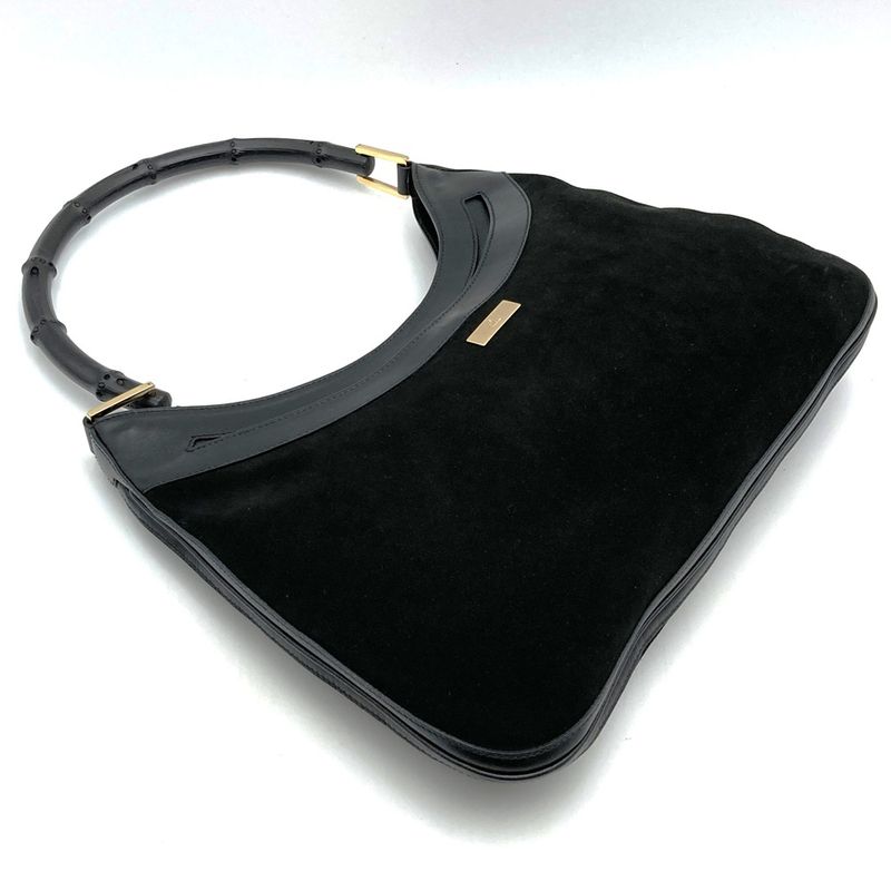 Gucci 001 4062 Shoulder Bag Bamboo Black Suede Leather Fashion Women