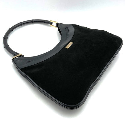 Gucci 001 4062 Shoulder Bag Bamboo Black Suede Leather Fashion Women