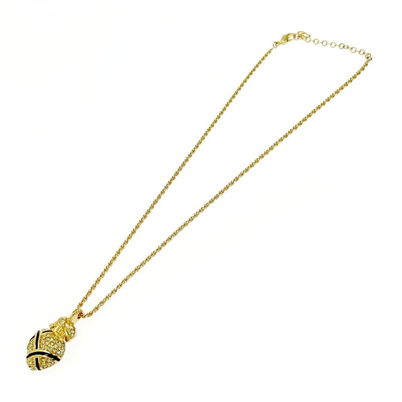 Christian Dior GP Rhinestone Ribbon Heart Necklace Gold Black 483523 Necklace