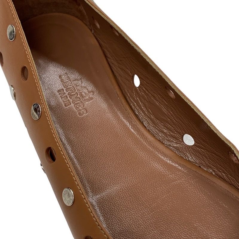 Hermes Flat Shoes Leather Brown Silver Punching Serie Button