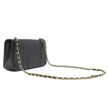 Chanel Shoulder Bag Matelasse Full Flap Lambskin Black Gold Hardware Black