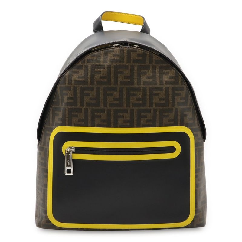 Fendi Zucca Pattern Backpack Leather Khaki Brown Black Yellow Silver