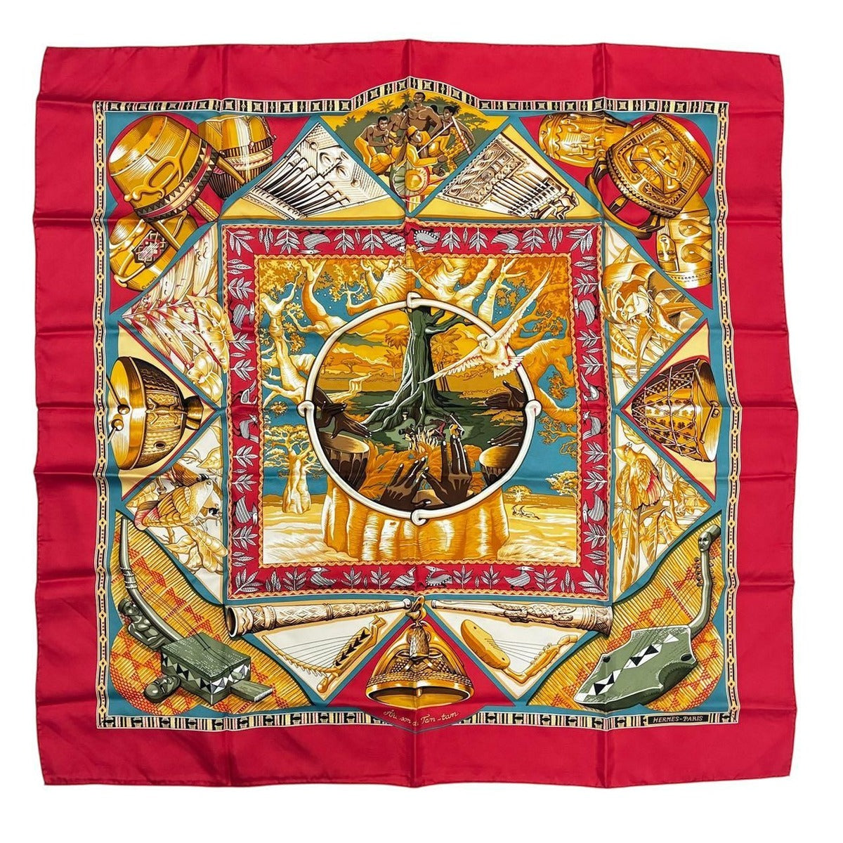 Hermes Scarf Carre 90 Au Son du Tam Silk Red
