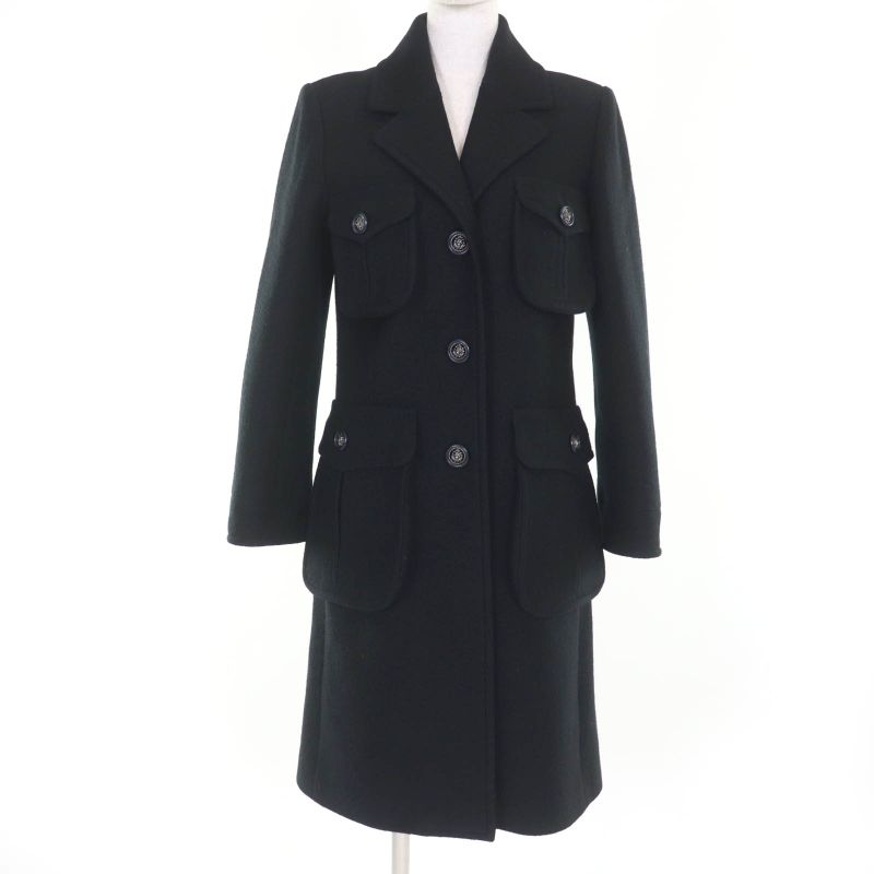 CHANEL P46375v32805 100% Wool Lion Button Long Length Coat Black 36 Made In
