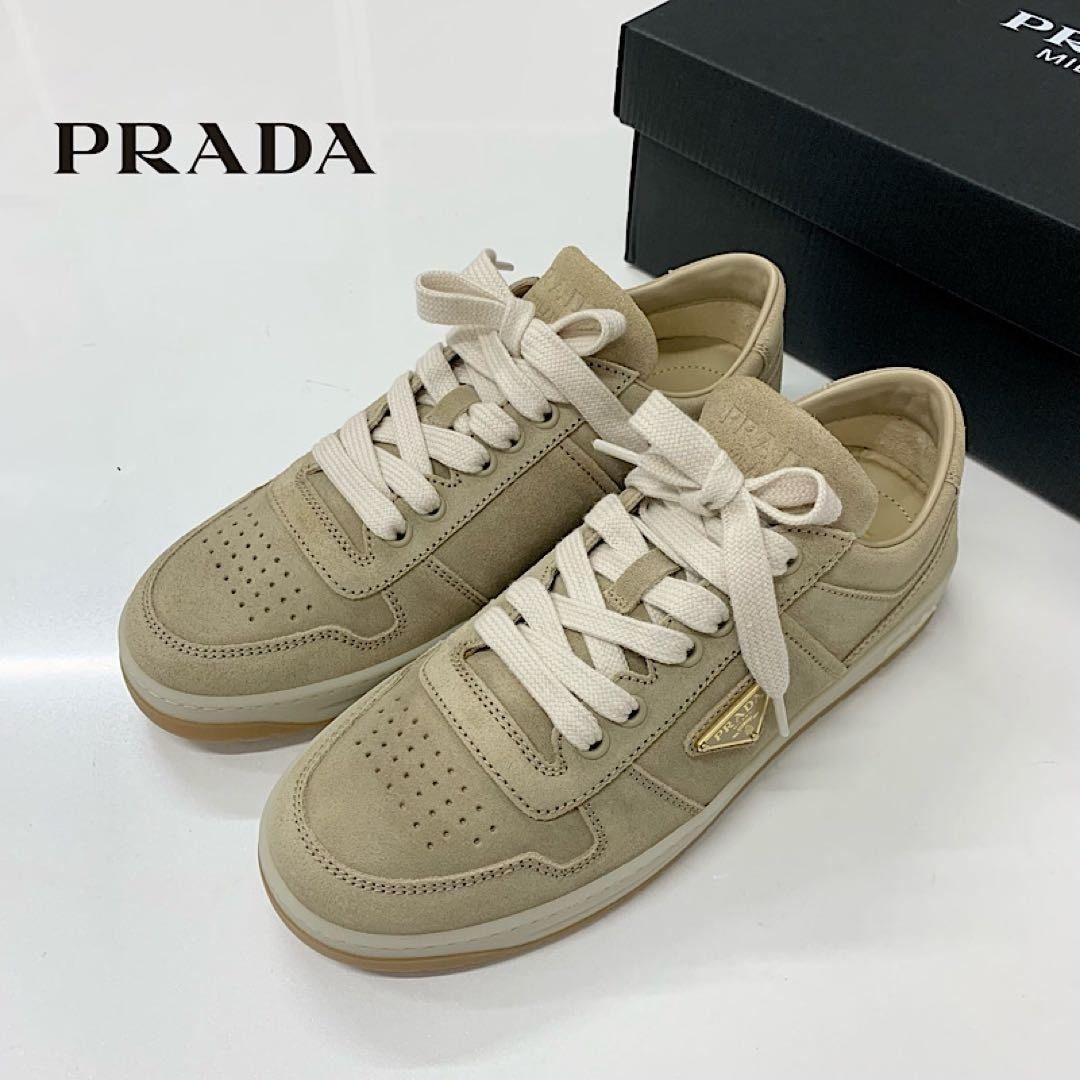 Prada Downtown Logo Delave Suede Sneakers Beige