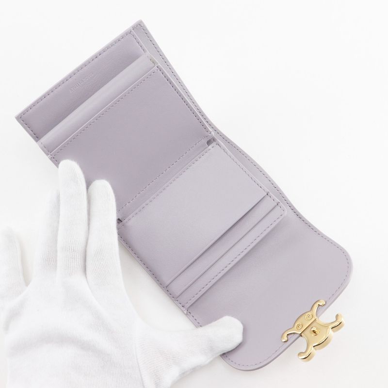 Celine Triomphe Small Flap Wallet Compact Wallet Leather Purple Women's Trifold