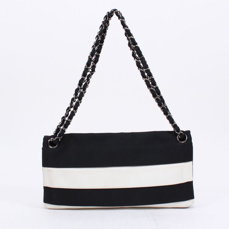 Chanel Chain Shoulder Bag Nylon Black And White Shoulder Bag Silver
