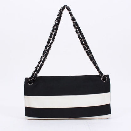 Chanel Chain Shoulder Bag Nylon Black And White Shoulder Bag Silver