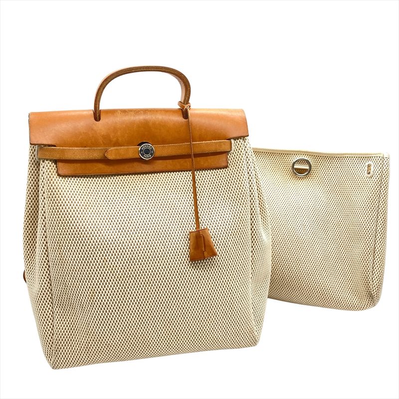 Hermes Herbag A Dos Backpack Toile GM □G Engraved Beige Silver Hardware Women