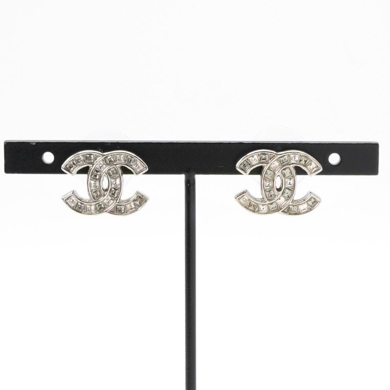Chanel Earrings Earring Silver Coco Mark Rhinestone