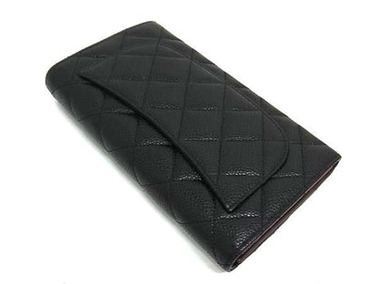Chanel Coco Marc Matelasse Caviar Leather Trifold Long Wallet Women's Black
