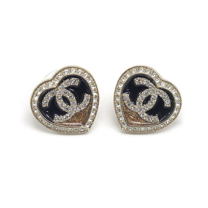 Chanel Heart Earrings CC Logo Rhinestone Gold Black