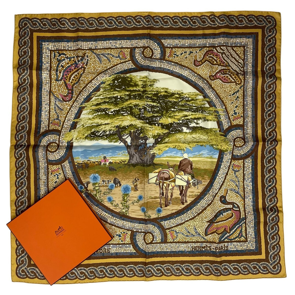Hermes Scarf Silk Carre 90 Under the Cedar Sous le Cedre Yellow
