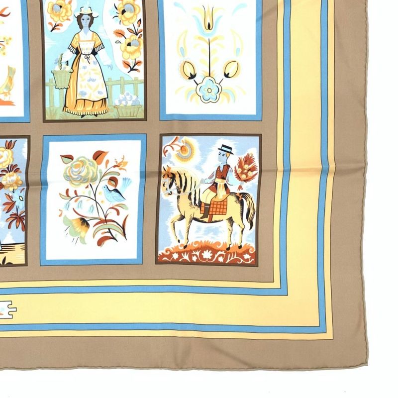 Hermes Carre 90 Imagerie Popular Prints Beige Scarf Silk