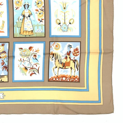 Hermes Carre 90 Imagerie Popular Prints Beige Scarf Silk