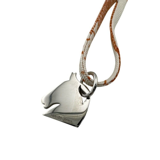 Hermes Choker Horse Motif Pendant Tourbillon Necklace Silk Silver