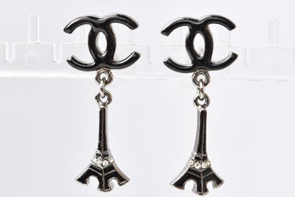 Chanel Earrings Eiffel Tower Motif In Black Silver