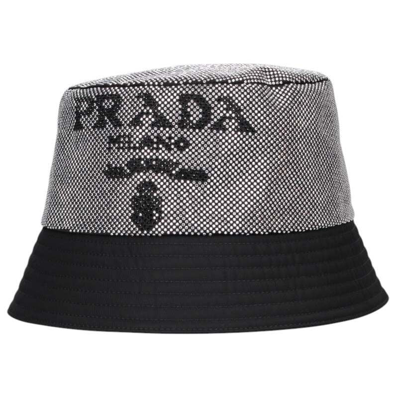 Prada 2hc137 Silver Stone Logo Nylon Bucket Hat Women's L