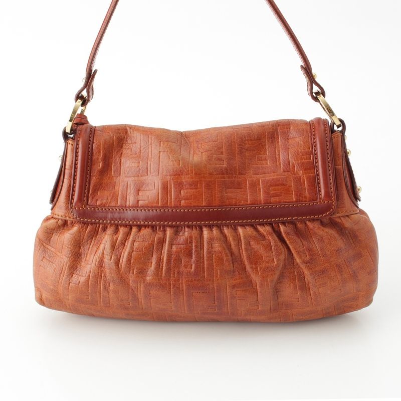 Fendi Leather Zucca Pattern Flap One Shoulder Bag With Charm Brown