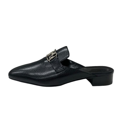 Hermes Vincennes Sandals Shoes Leather Black Silver Mule Carriage Hardware