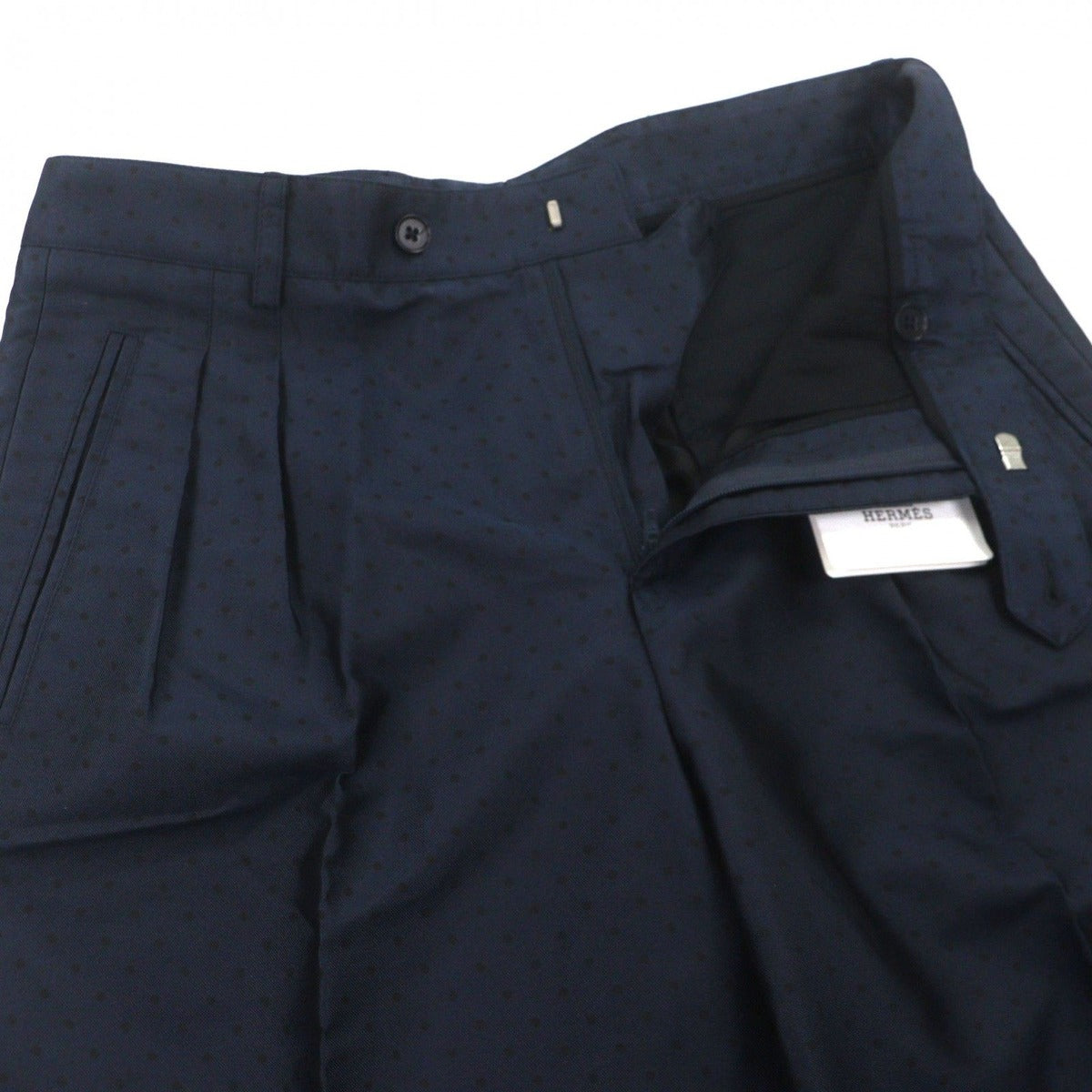 Hermes Silk Dot Pattern 2 Tuck Pleated Trousers Pants Navy 38 — view 3