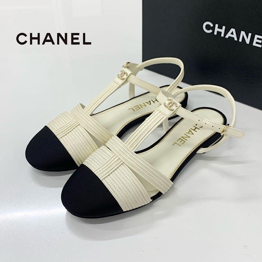 Chanel CC Logo Pearl Leather Fabric Strap Flat Shoes