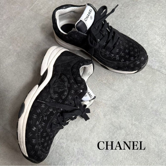 Chanel Coco Mark Sneakers Suede Mesh Logo Black White 38