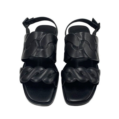 Hermes Grace Sandals Shoes Leather Black Flat Sandals