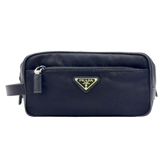 Prada Leather Nylon Black Clutch Silver