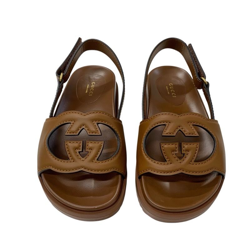 Gucci Sandals Shoes Leather Brown Logo Velcro
