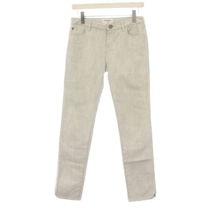 Chanel Denim Pants Jeans CC Logo 36 Light Gray White Slim YM