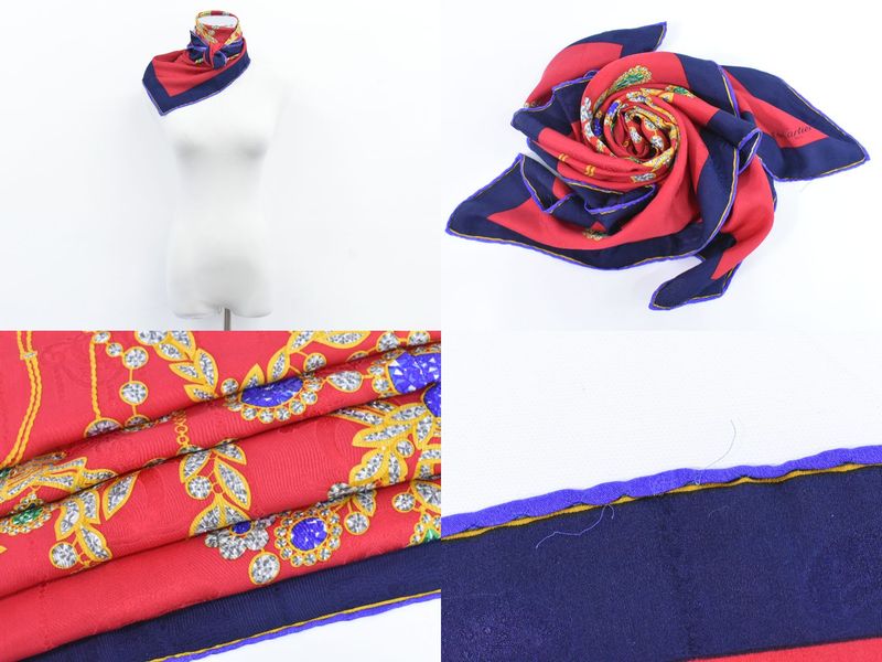 Authentic Cartier Jewelry Pattern Scarf Shawl Bandana Silk Red Navy Multicolor