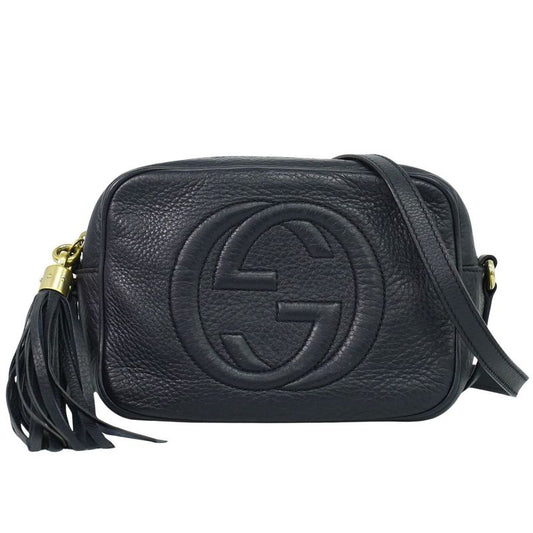 Authentic Gucci Soho Small Disco Tassel Shoulder Bag Pochette Leather Navy